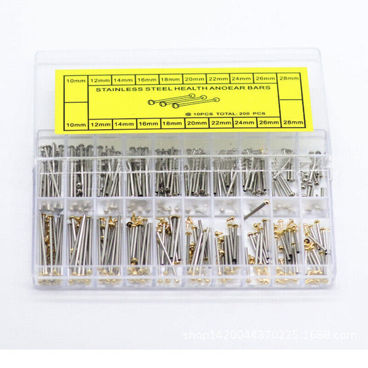 Assorted 200pcs watch strap screws and link pins kit, 10-28mm for watch band repairs and adjustments.