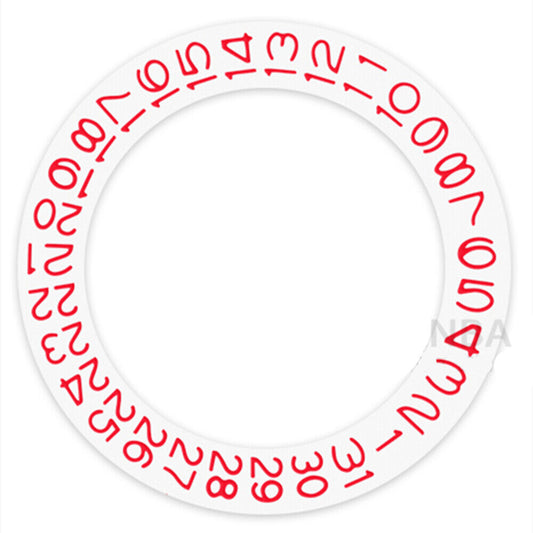 Red date wheel with character disk for Seiko NH35 NH36 watch date display at 3 o'clock, white background.