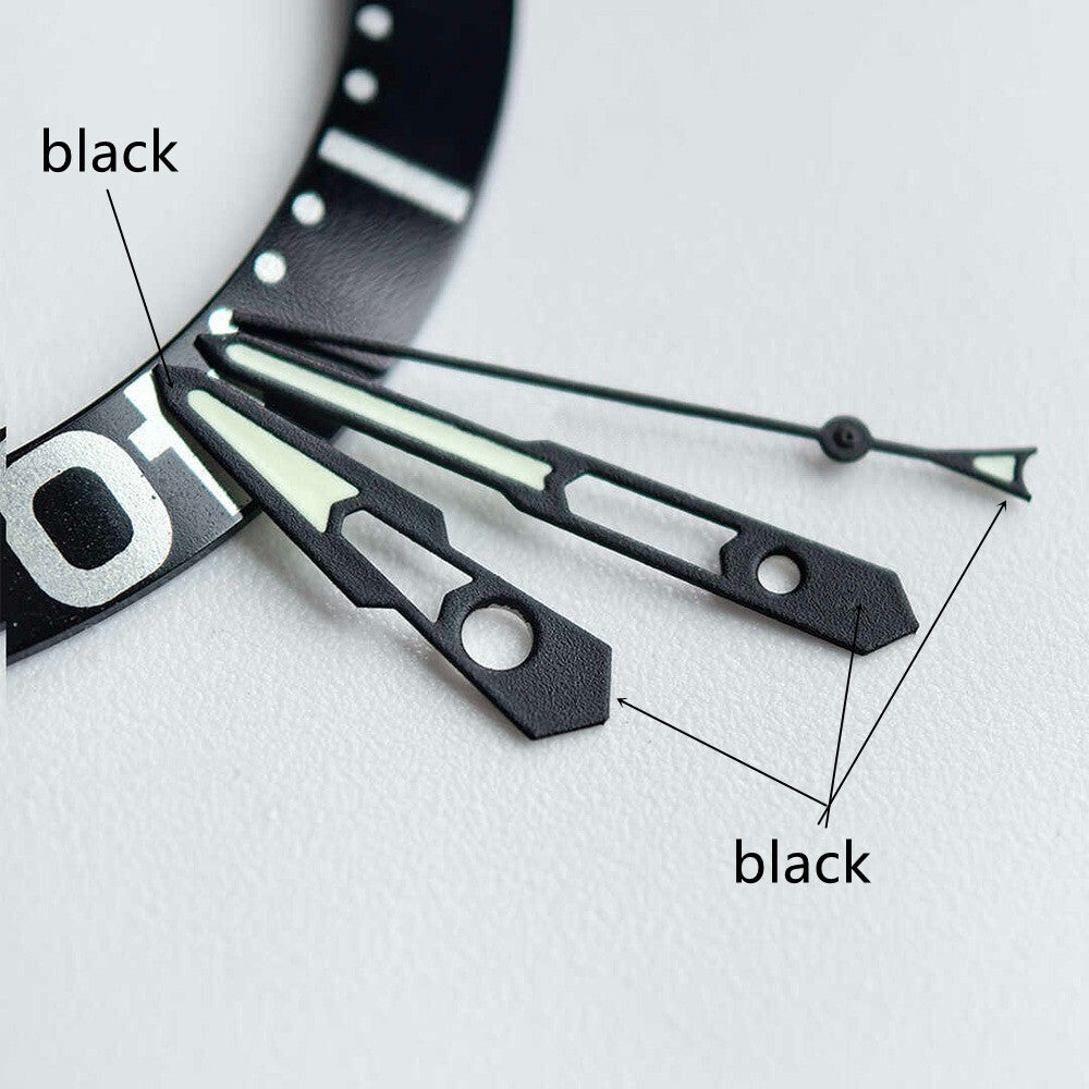 13mm matte black trim hollow green lume watch hands, designed for NH35 NH36 movement timepieces.