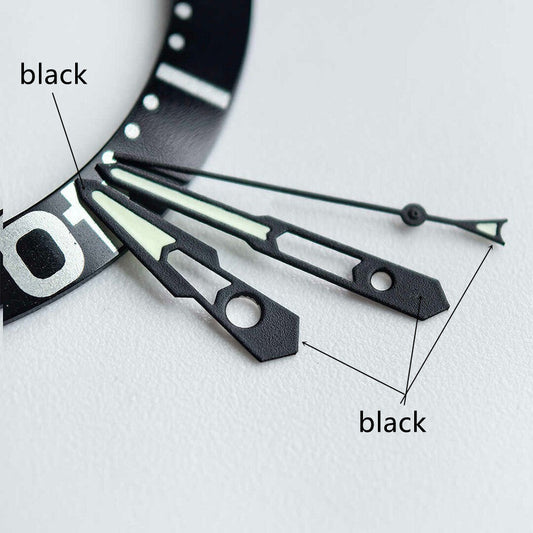 13mm matte black trim hollow green lume watch hands, designed for NH35 NH36 movement timepieces.