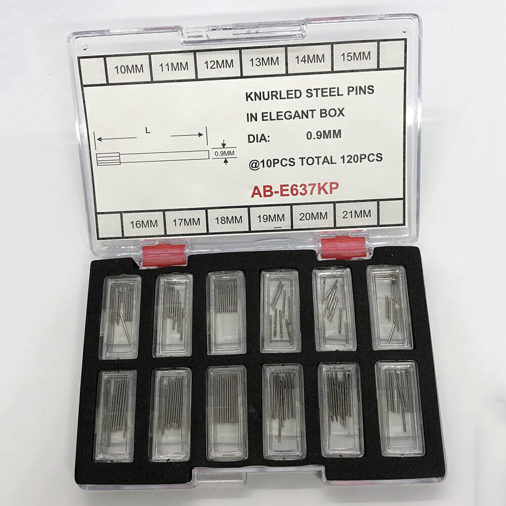 Knurled steel pins set, 120PCS size 10-21mm, 0.9mm diameter, perfect for watch accessories.