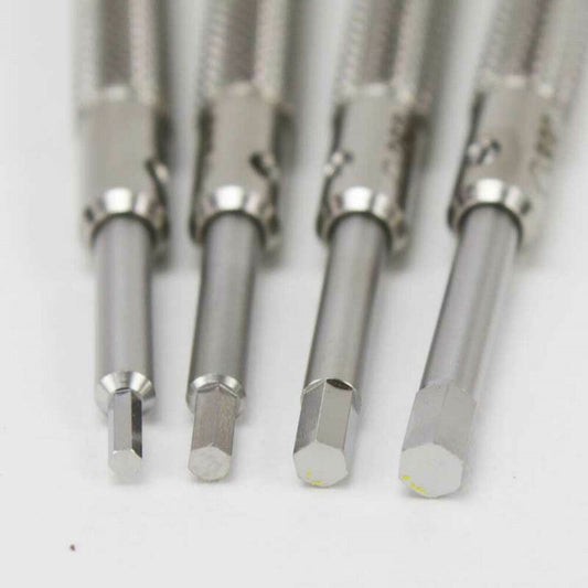 Set of 4 Bergeon 30081-HEX-P04 hex blade screwdrivers for precise watchmaker repairs.