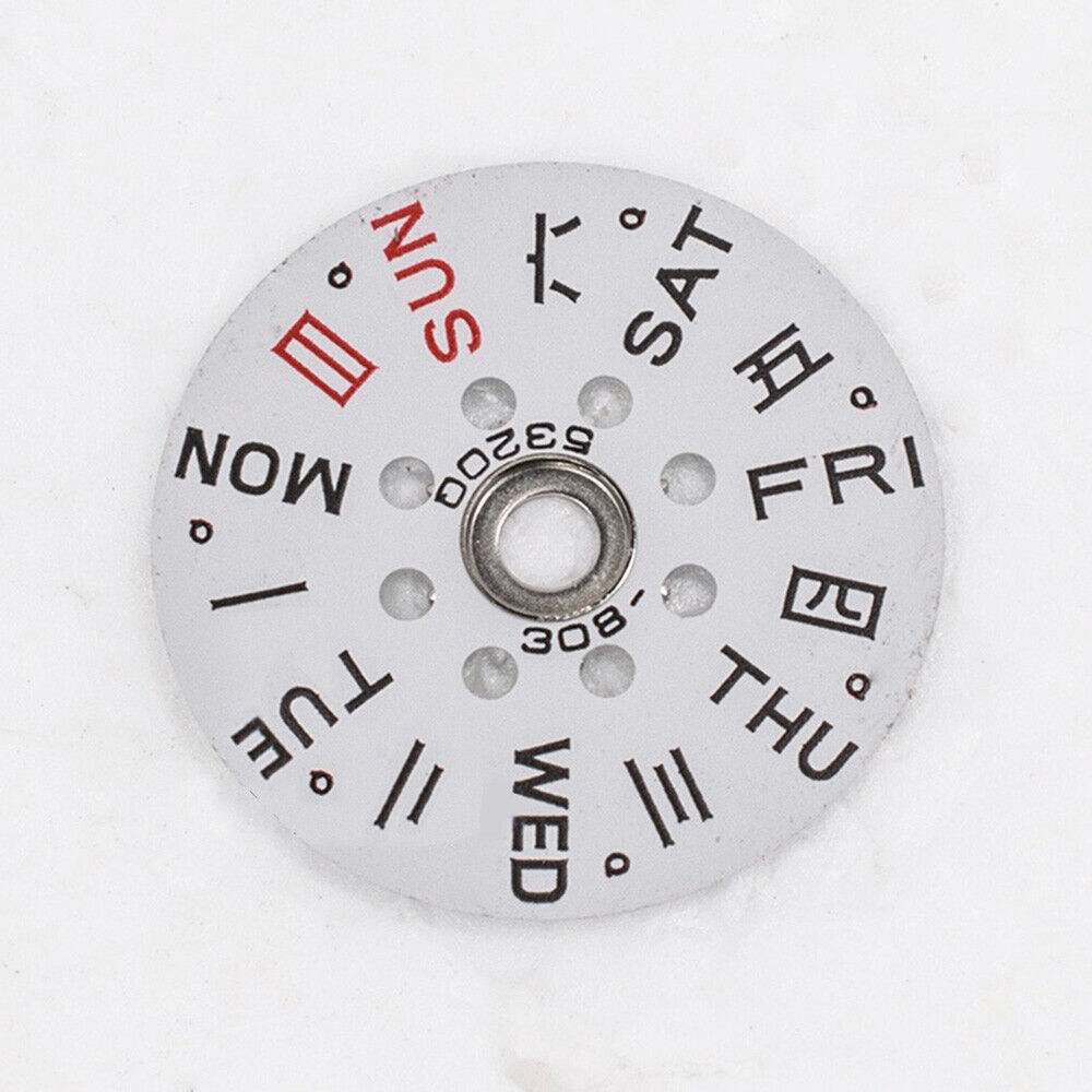White background close-up of Miyota 6T51 6651 watch disk wheel showing date indicators for precise timekeeping.