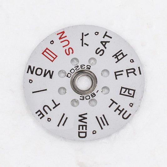White background close-up of Miyota 6T51 6651 watch disk wheel showing date indicators for precise timekeeping.