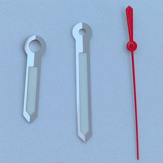 Silver-trimmed 13mm watch hands with red second hand and green lume, compatible with NH35/36, 7S26/36 models.