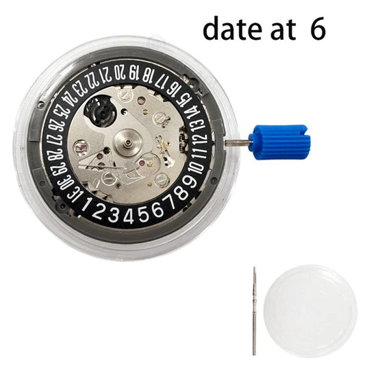 NH35A automatic watch movement with black wheel date at 6 o'clock, 24 jewels for high accuracy.