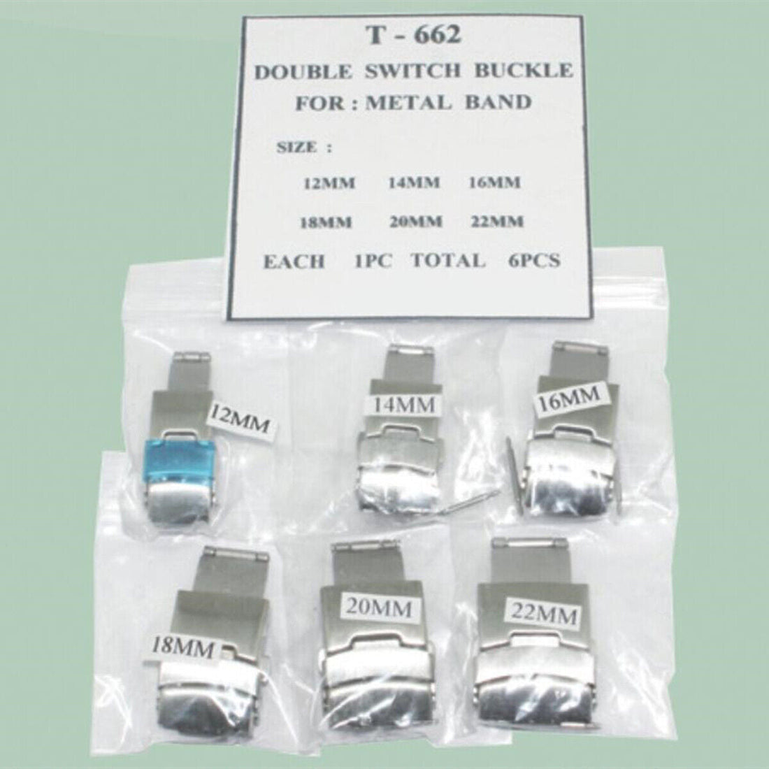 Set of 6 Double Switch Buckles (12-22mm), ideal for metal watch bands and versatile watch repairs.