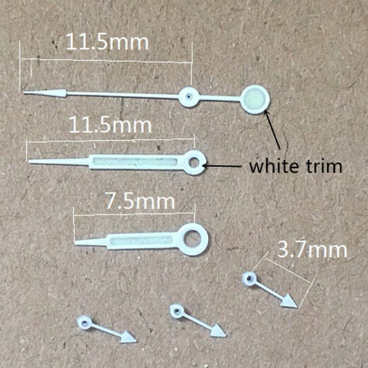 White trim green lume watch hands, 11.5mm pointed style for Miyota OS10, OS20, OS60, OS80 models.