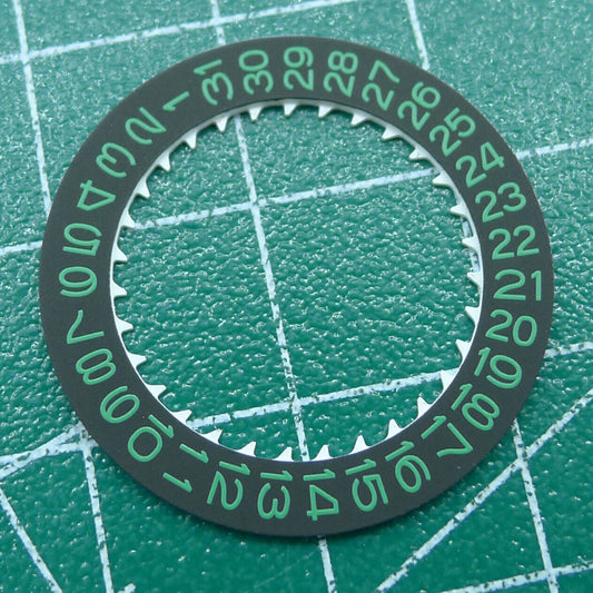 Green date disk with black background for NH35 watch movement, enhancing date visibility and accuracy.