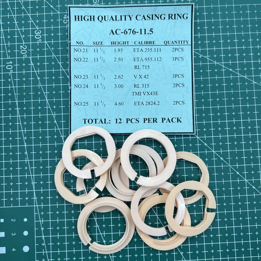 AC-676 brand 12-piece watch movement case spacer set with 5 line sizes for precise casing adjustments.