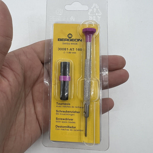 Bergeon 30081-AT-160 ergonomic screwdriver 1.60mm with spare blades for precise watch accessory repair.