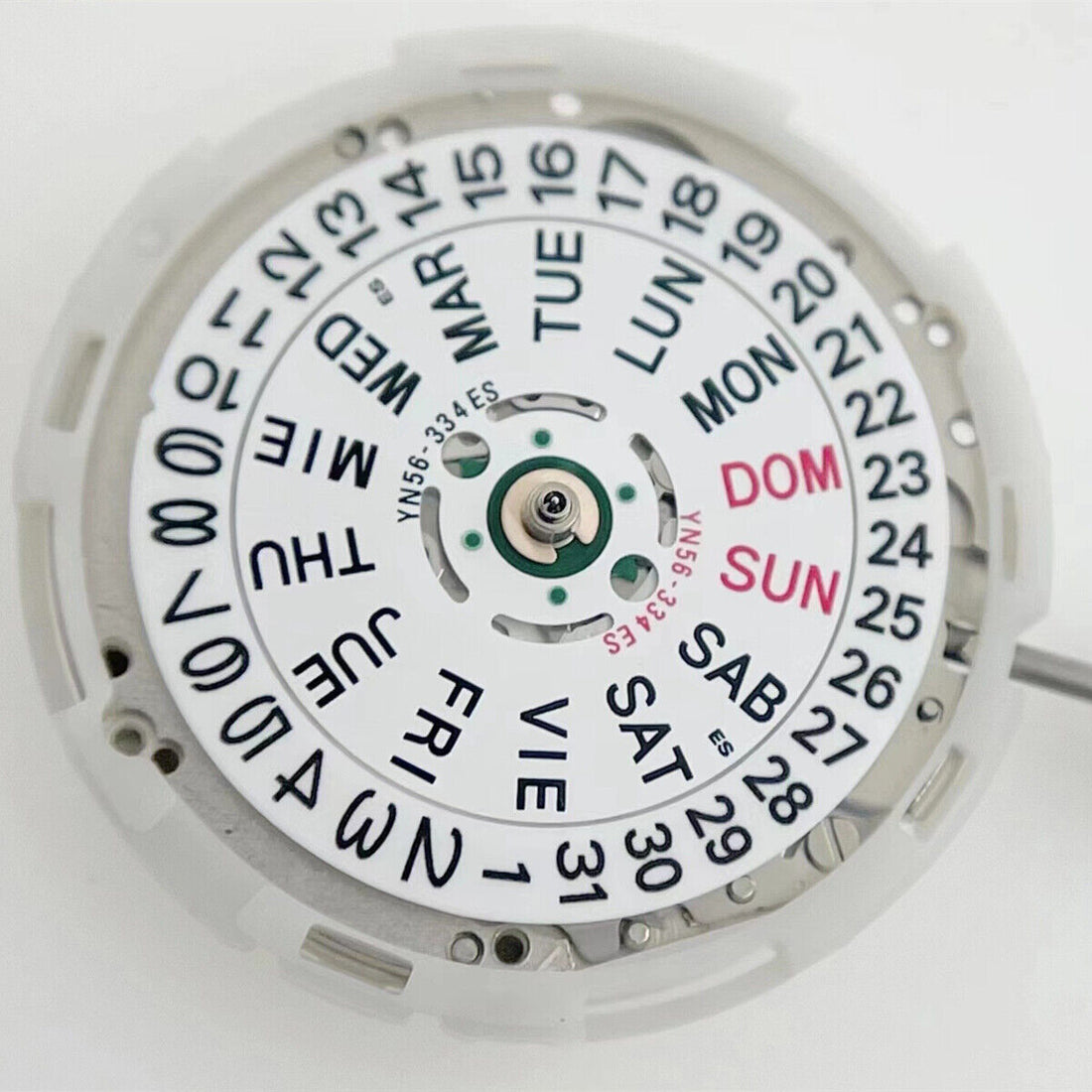 Epson YN56 mechanical watch movement showing date and day function, Japan brand quality.