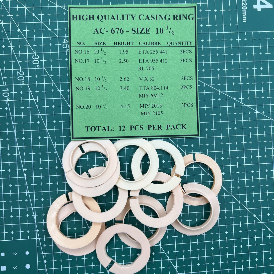 AC-676 watch case spacer ring holder with 5 line sizes for secure movement casing, set of 12 pieces.