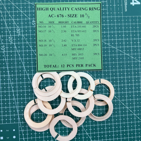 AC-676 watch case spacer ring holder with 5 line sizes for secure movement casing, set of 12 pieces.