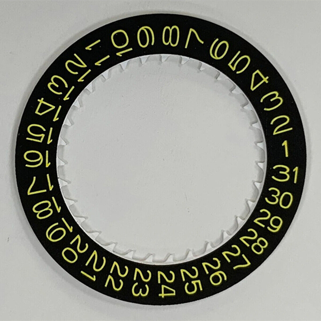 Yellow font date disk wheel on black background for NH35 watch movement, enhancing timepiece precision.