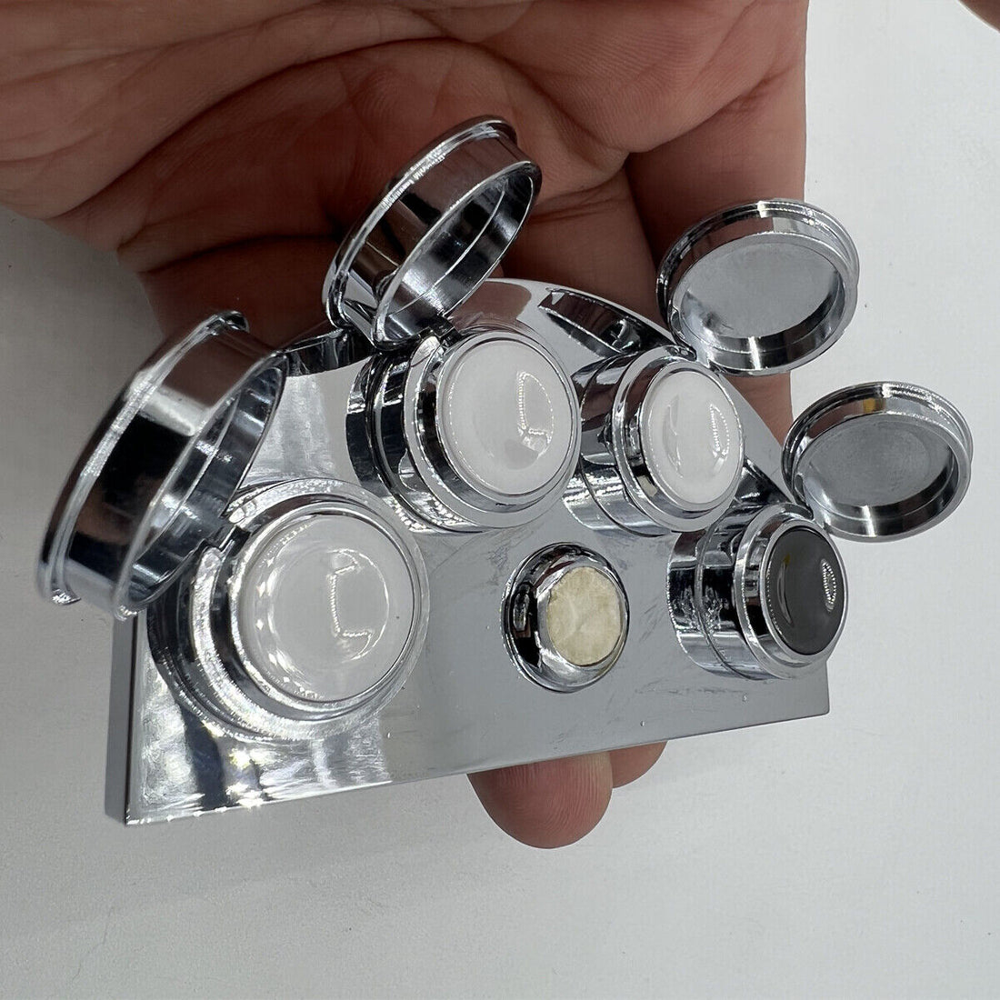 Stainless steel Watch Oil Cup Stand with 4 covered oiler dishes by 30180-A for precise watch repair.