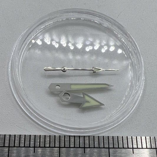 Green lume arrow-shaped watch hands with silver trim, 12mm, compatible with Miyota NH35/NH36/NH38 movements.