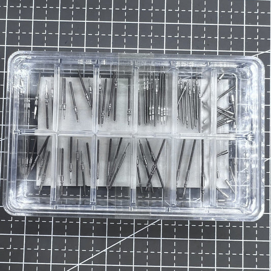 Universal stainless steel watch winding stems by Verschiedene, compatible with various watch movements for precise repairs.