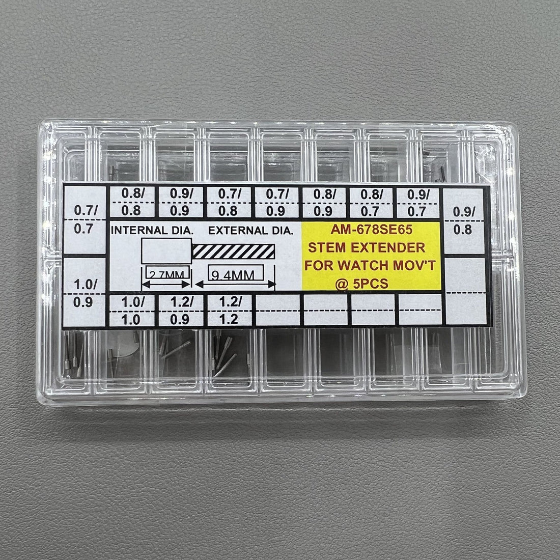 65-piece AM-678SE65 watch winding stem extensions set, 13 sizes for precise watch repair and adjustment