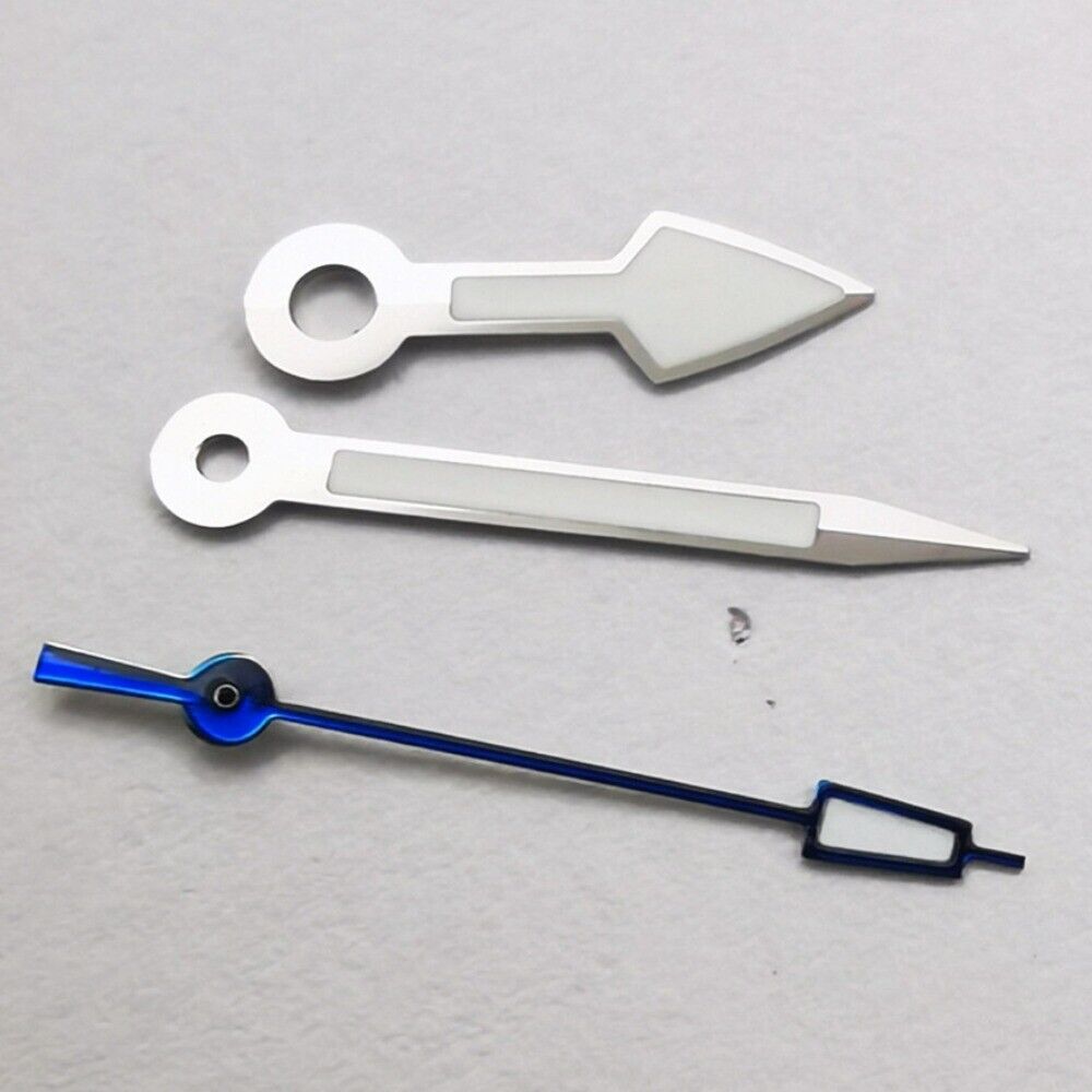 Arrow-shaped silver trim watch hands with blue second hand and green lume, compatible with NH35 NH36 movements.