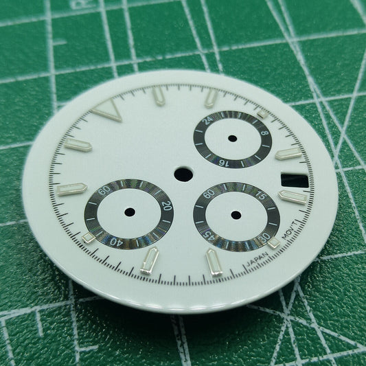 Green luminous watch dial with matte white finish, compatible with VK63 quartz movement, ideal for wholesale buyers.