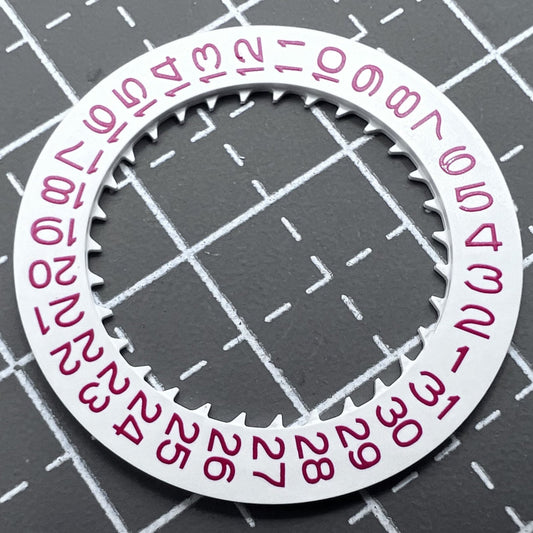 Red character date wheel for Seiko NH35 NH36 watch movement, date display at 3 o'clock.