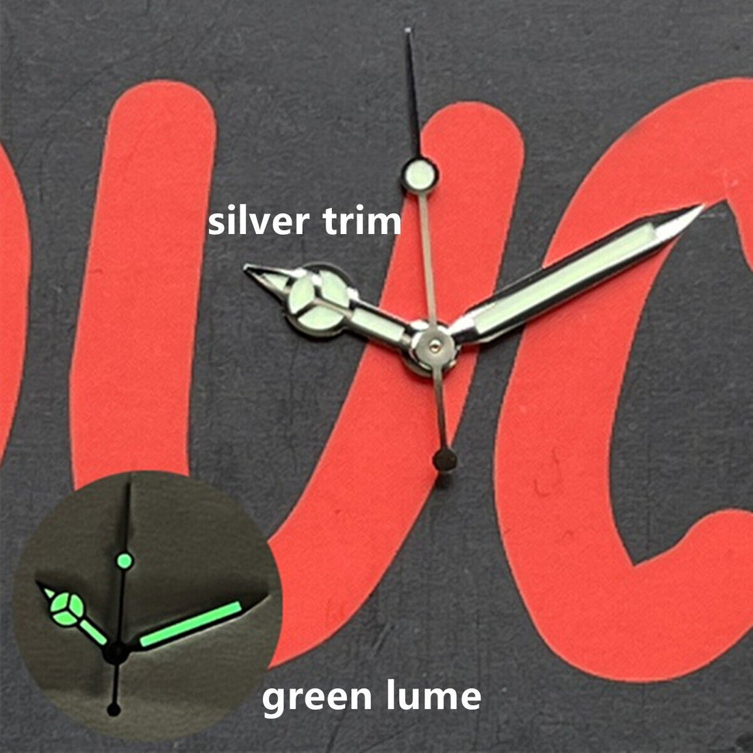 Silver-trimmed 12.5mm watch hands with C3 and BGW-9 green lume for SKX/SBBN NH35A/NH36 models, Seiko-compatible.