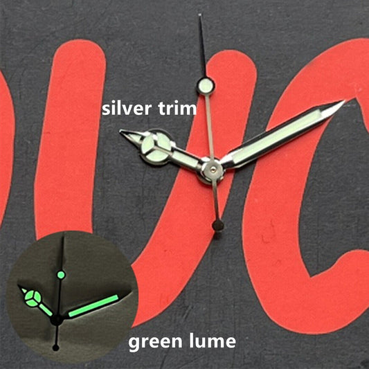 Silver-trimmed 12.5mm watch hands with C3 and BGW-9 green lume for SKX/SBBN NH35A/NH36 models, Seiko-compatible.