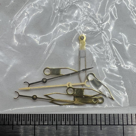 Golden-trimmed 12mm watch hands with green lume for Hattori Epson PC32 quartz movement timepieces.