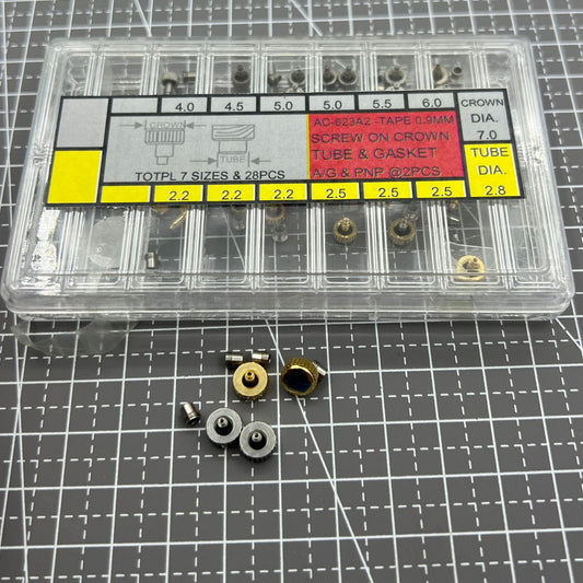 Stainless steel watch crown with silver and gold tones, screw-on tube and gasket for secure fit.