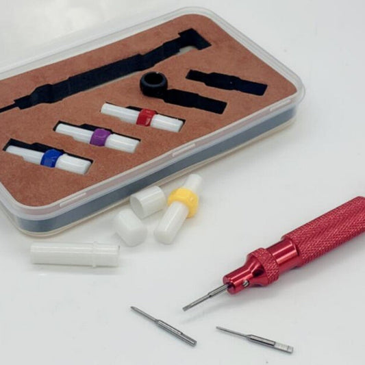 Precision watch screwdriver set with extra 0.8mm to 1.6mm blades for watch repair.