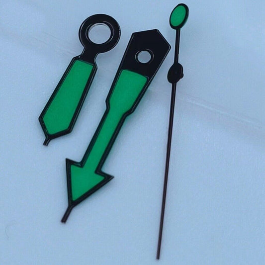 12.5mm black-trimmed green lume watch hands for NH35 NH36 7S26 7S36 movements.