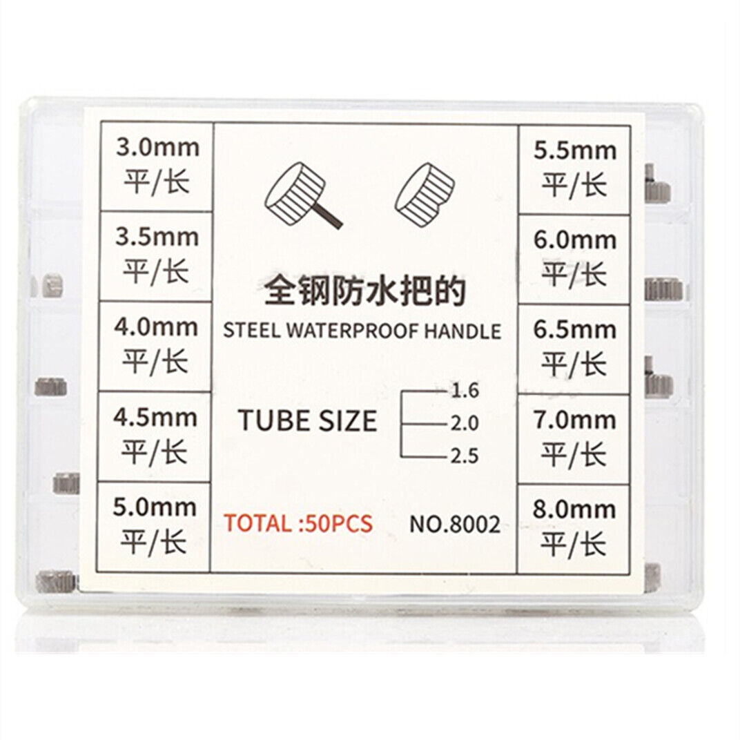 Stainless Steel 50pcs silver watch crowns assortment, waterproof and perfect for repairs.