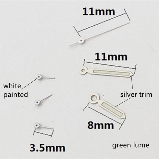 Silver trim green lume watch hands for Epson VD53 VD54 VD57 movements, precise timekeeping accessory.