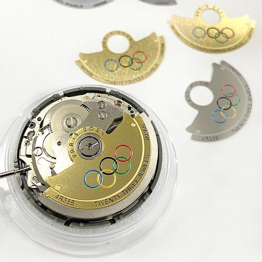 Golden Five Olympic Rings metal sheet overlay on NH35 movement rotor by Hammer, enhancing watch accessory style.
