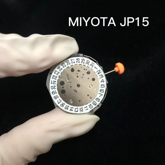 Miyota JP15 Japan Quartz watch movement showing date at 3 o'clock for precise timekeeping.