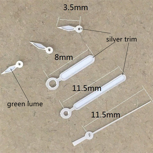 11.5mm green lume watch hands for VD53 VD54 VD57 movements, ideal for precise time reading.