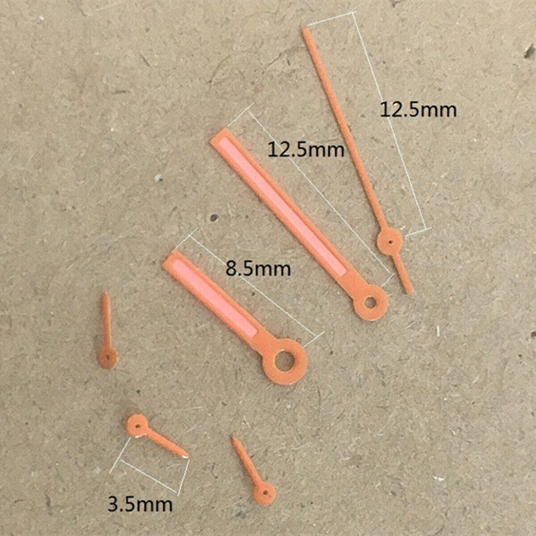 Orange-trimmed 12.5mm watch hands for Epson VD53 VD54 VD57 movements, precision painted.