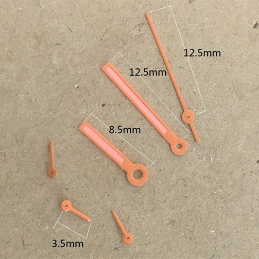 Orange-trimmed 12.5mm watch hands for Epson VD53 VD54 VD57 movements, precision painted.