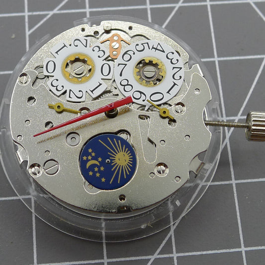 Seagull T16 watch with big date at 12, automatic mechanical movement, and moon phase at 6.