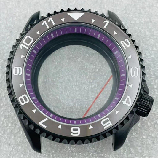Modified 42mm black watch case with grey bezel, 316L stainless steel, sapphire glass for NH36 NH35 movements.