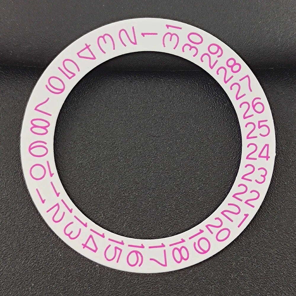 Pink date disk overlay for NH35/NH36 watch movements, enhancing customization and style.