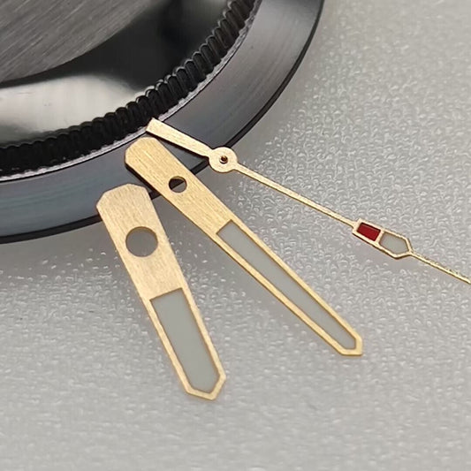 Golden Trim C3 Green Lume watch hands set for NH35/NH36 movement, ideal for watch repair and customization.