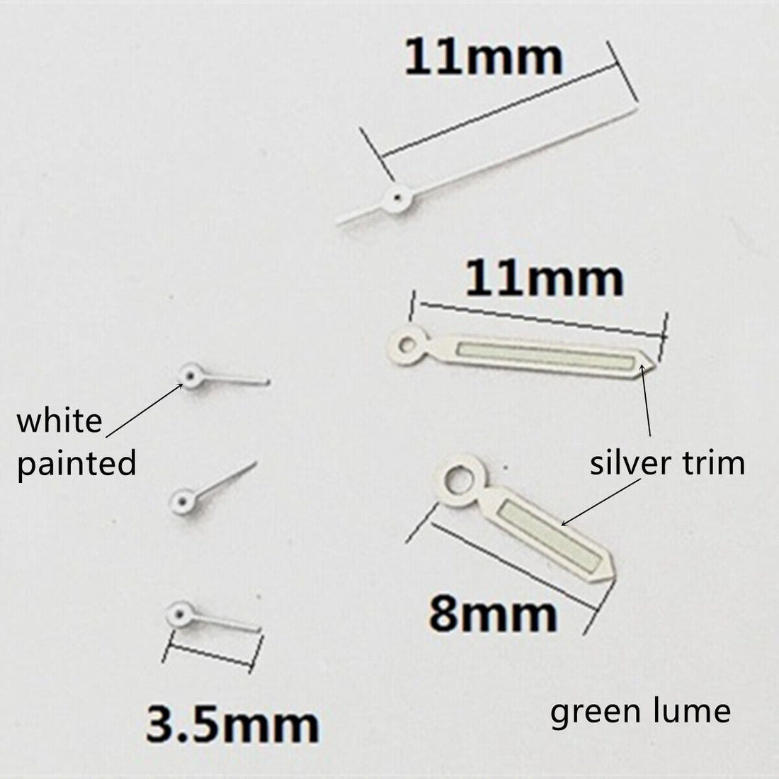 Silver trim green lume watch hands for Epson VD53 VD54 VD57 movement, precise fit and luminous visibility.