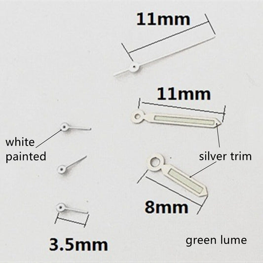 Silver trim green lume watch hands for Epson VD53 VD54 VD57 movement, precise fit and luminous visibility.