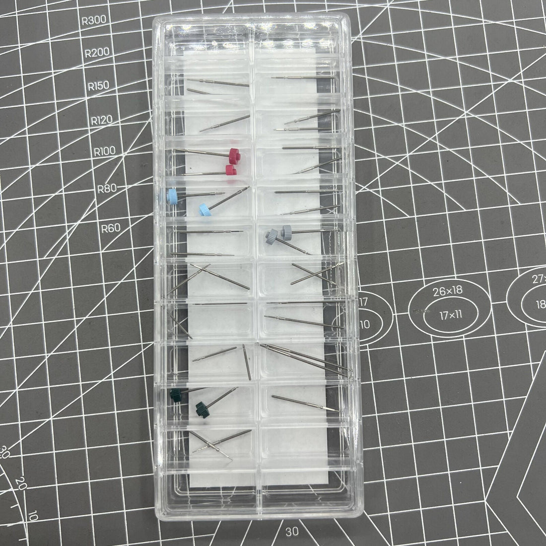 Original Ronda winding stems set, 38 pieces in 19 sizes for precise watch movement repairs.