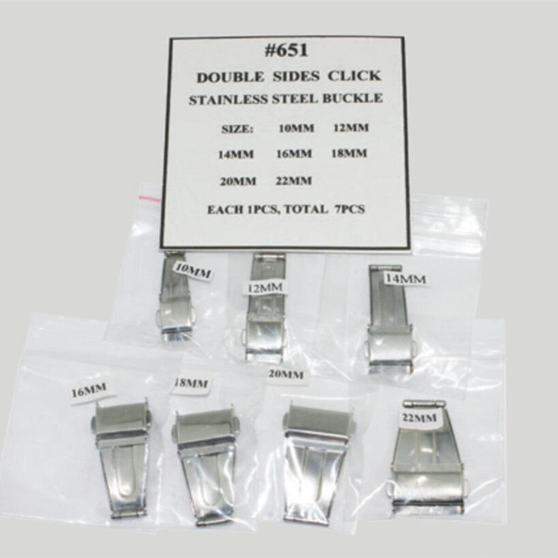 Set of 7 silver stainless steel watch buckles, double-sided polishing, sizes 10-22mm for watch straps.