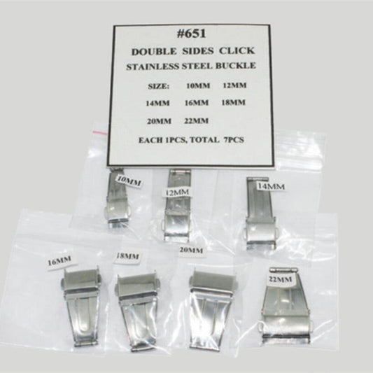 Set of 7 silver stainless steel watch buckles, double-sided polishing, sizes 10-22mm for watch straps.