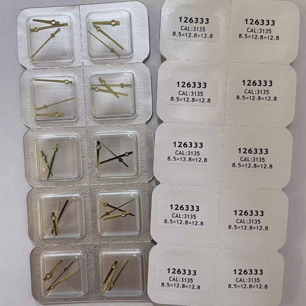 Golden trim 12.8mm watch hands for 3135 movement, no lume, compatible with 126333 models.