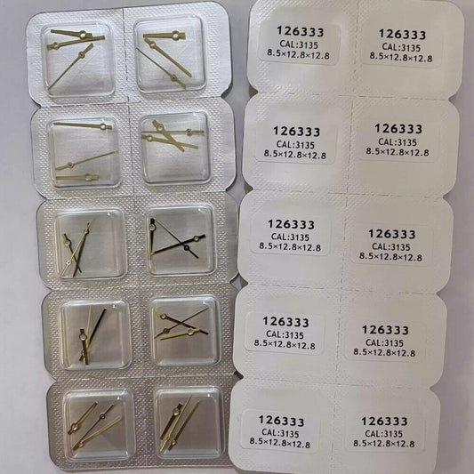 Golden trim 12.8mm watch hands for 3135 movement, no lume, compatible with 126333 models.